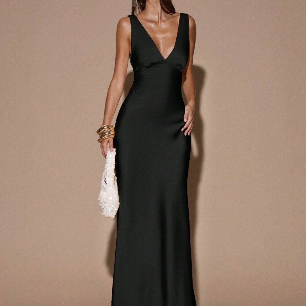 Black Minimalist Women's Deep V-Neck Sleeveless Tie Dress Open Back Gown - Picture 5 of 6